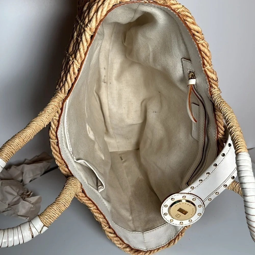 MICHAEL KORS Vintage large straw husk and white leather with gold tone studs